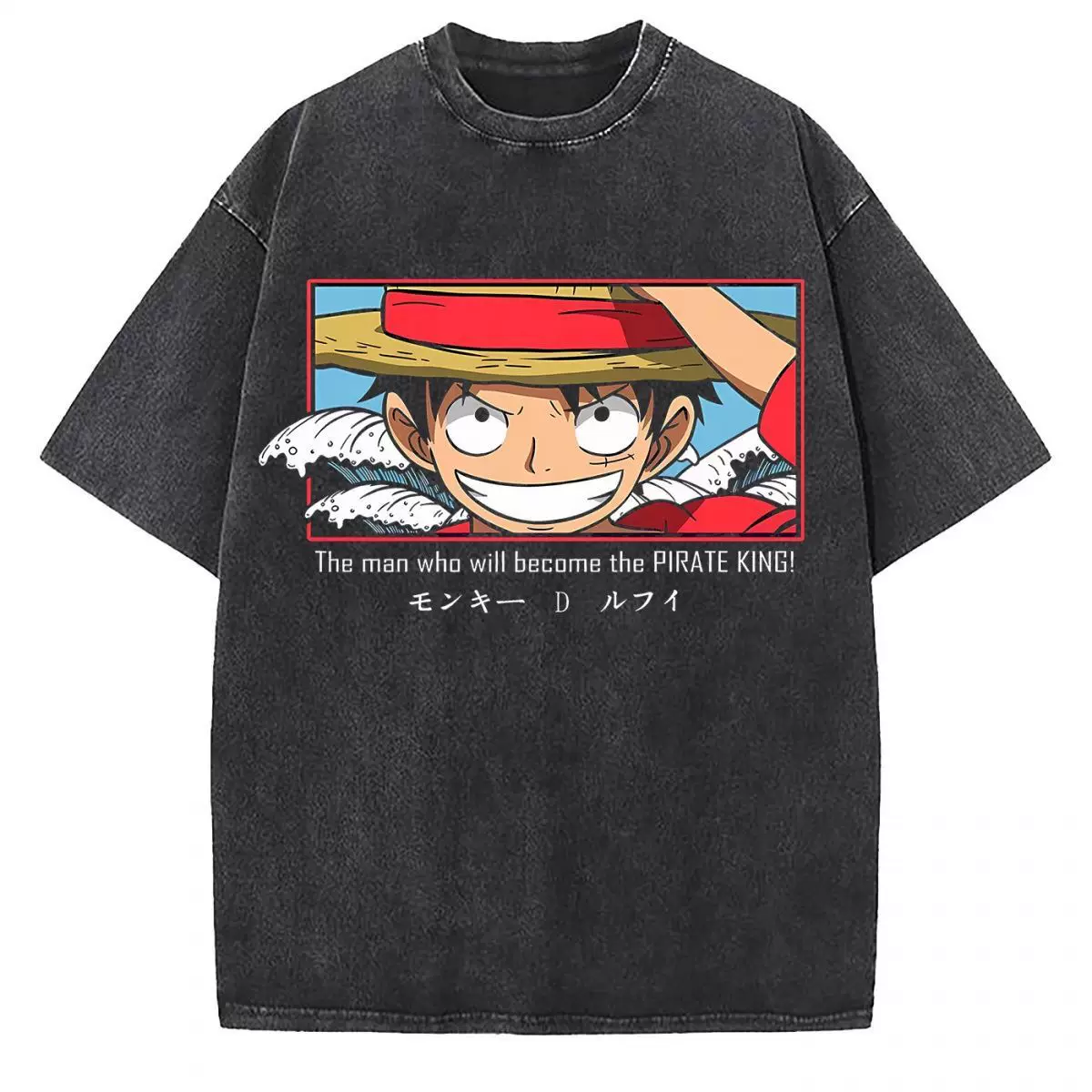 Vintage washed black cotton graphic T-shirt, front view – Luffy King of Pirates Manga Poster artwork