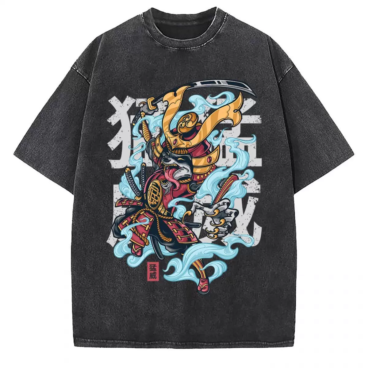 Vintage washed black cotton graphic T-shirt, front view – Luffy Pirate King Ocean Waves artwork
