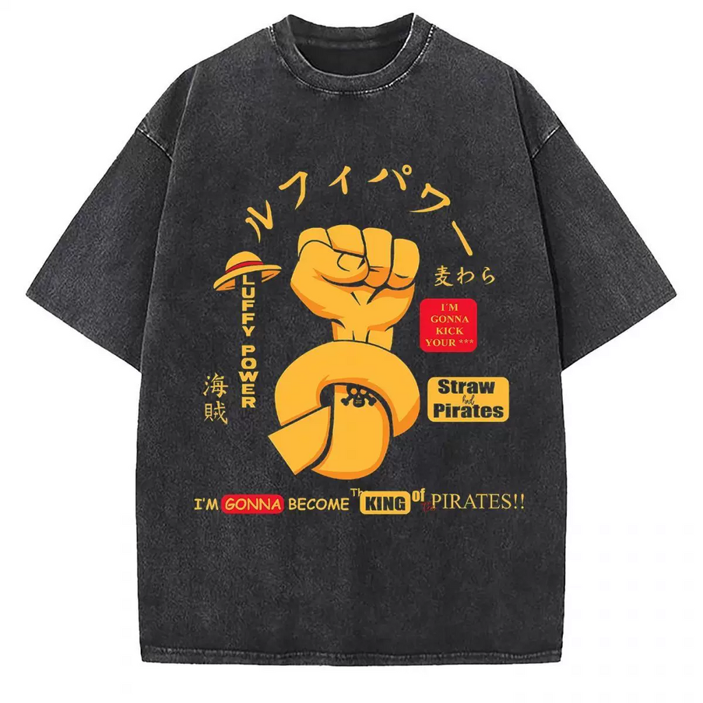Vintage washed black cotton graphic T-shirt, front view – Luffy Pirate King Yellow Power artwork