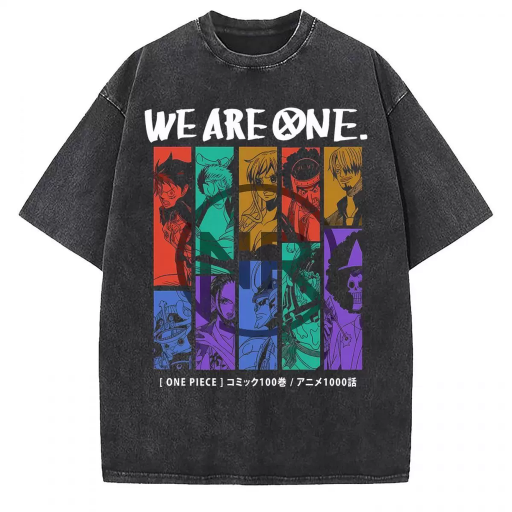 Vintage washed black cotton graphic T-shirt, front view – Straw Hat Crew We Are One artwork