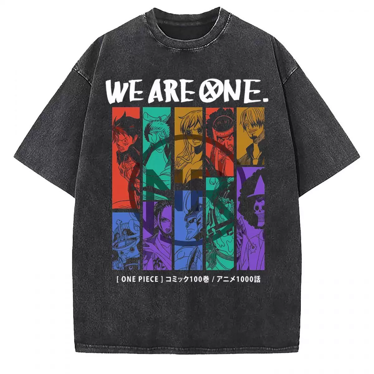 Vintage washed black cotton graphic T-shirt, front view – Straw Hat Crew We Are One artwork