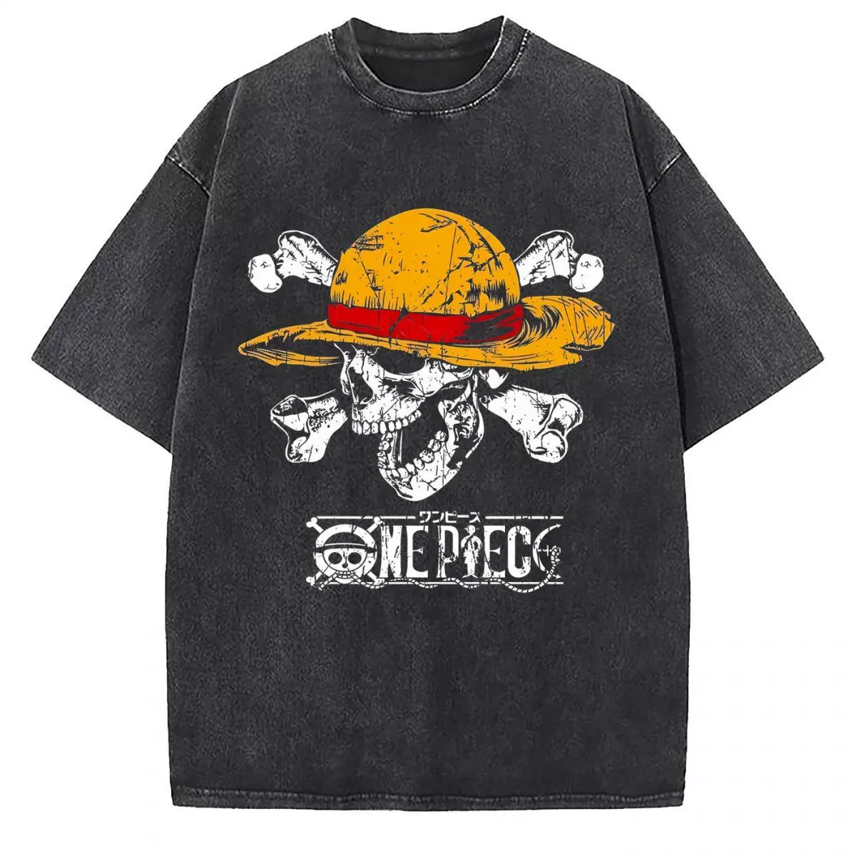 Vintage washed black cotton graphic T-shirt, front view – Straw Hat Skull Vintage artwork
