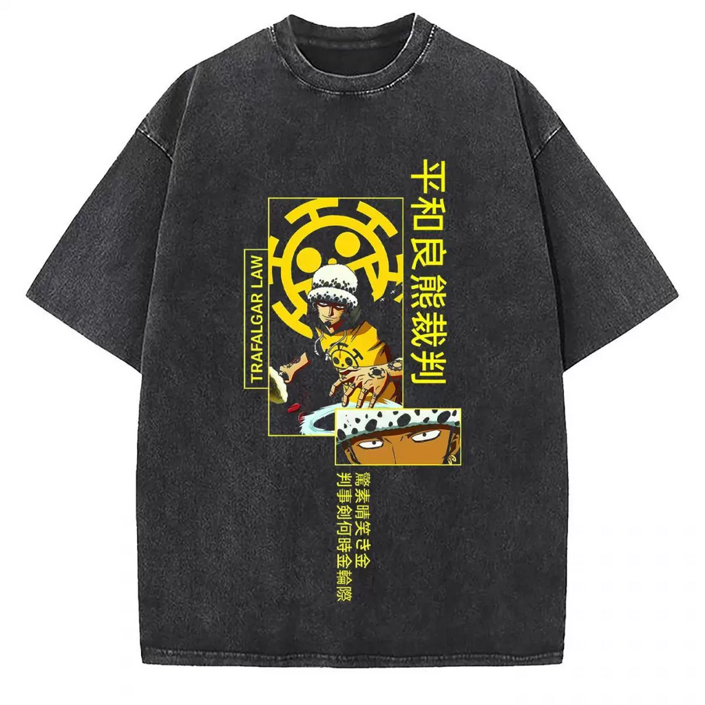 Vintage washed black cotton graphic T-shirt, front view – Trafalgar Law Yellow Graphic artwork