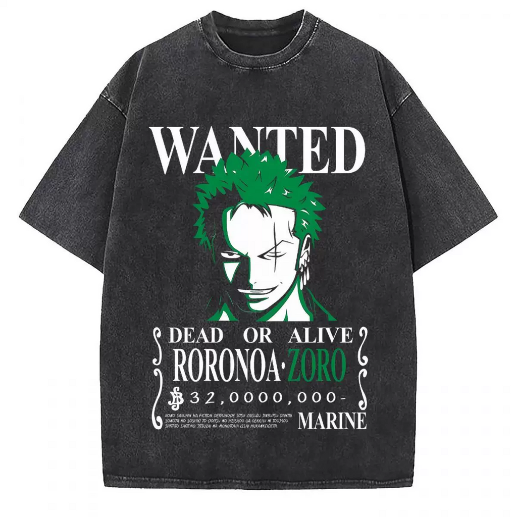 Vintage washed black cotton graphic T-shirt, front view – Zoro Wanted Green Portrait artwork