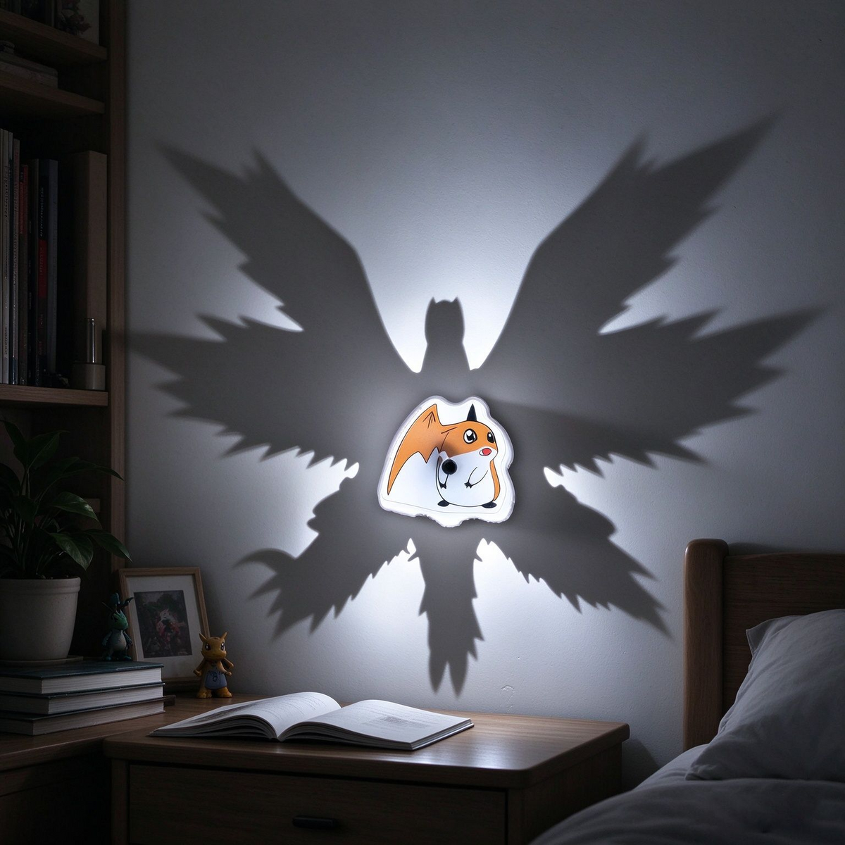 Patamon inspired night light in cozy bedroom creating an enormous winged anime shadow projection on the wall