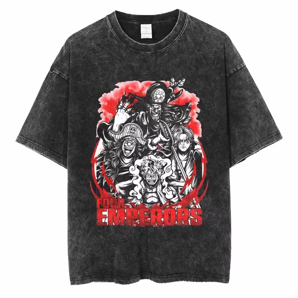Vintage washed black One Piece graphic cotton T-shirt - Four Emperors Crimson Splash artwork, front flat mockup
