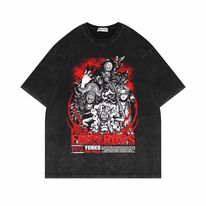Vintage washed black One Piece graphic cotton T-shirt - Four Emperors Red Emblem artwork, front flat mockup