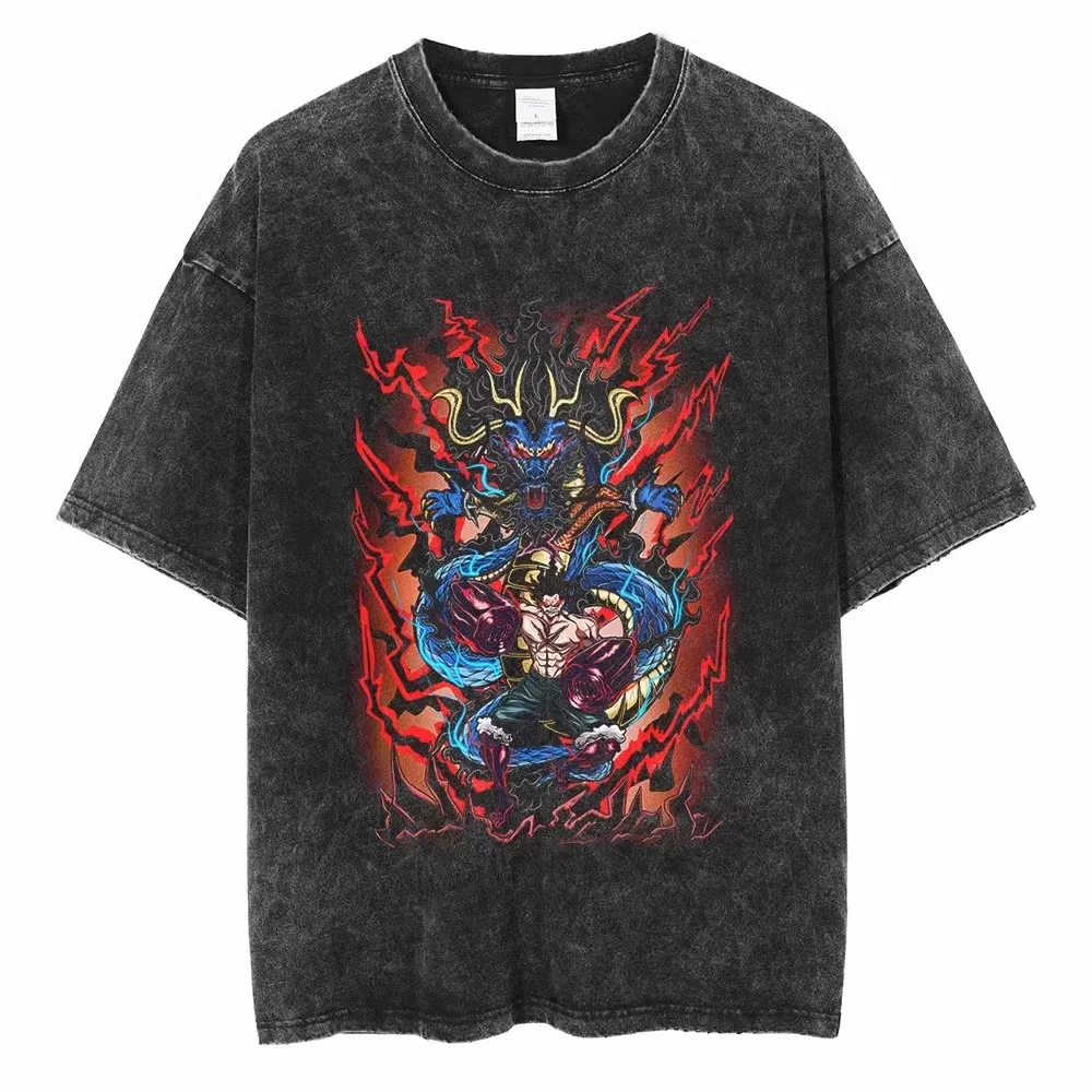 Vintage washed black One Piece graphic cotton T-shirt - Kaido Dragon Thunder artwork, front flat mockup