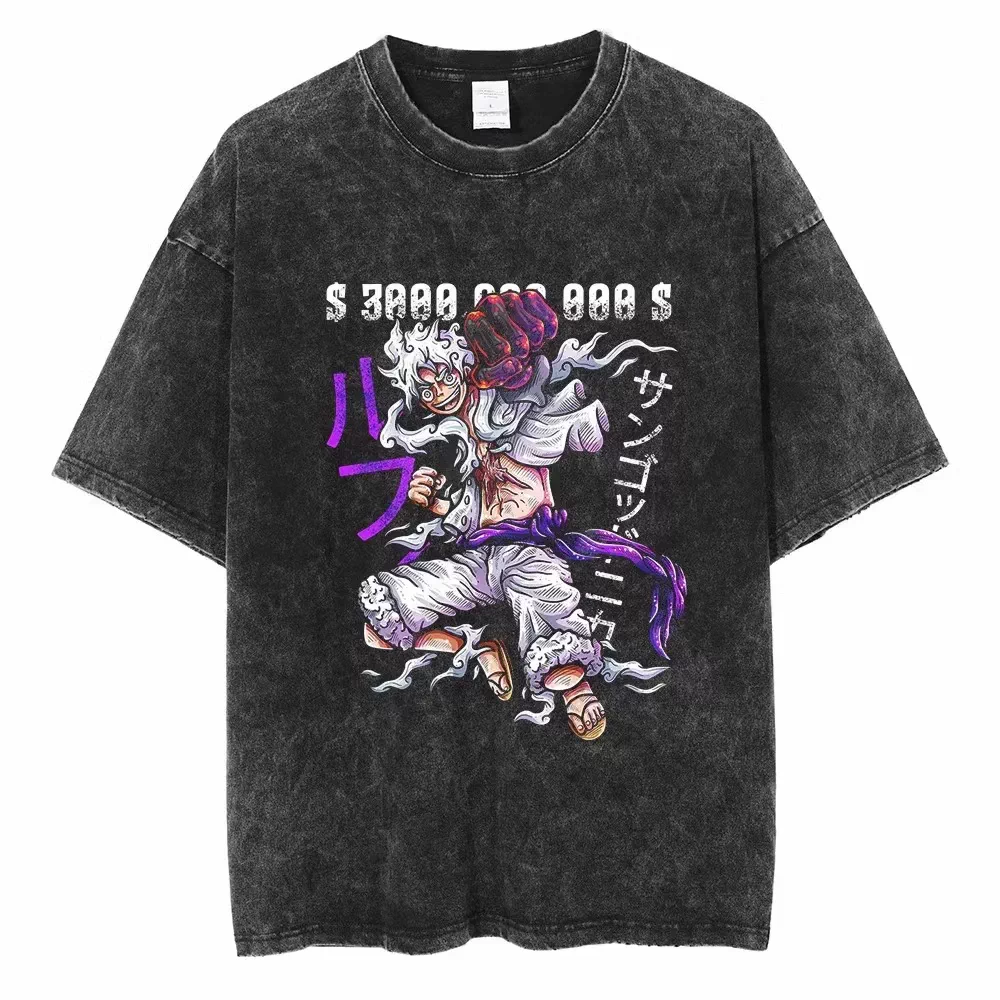 Vintage washed black One Piece graphic cotton T-shirt - Luffy Gear 5 Bounty artwork, front flat mockup