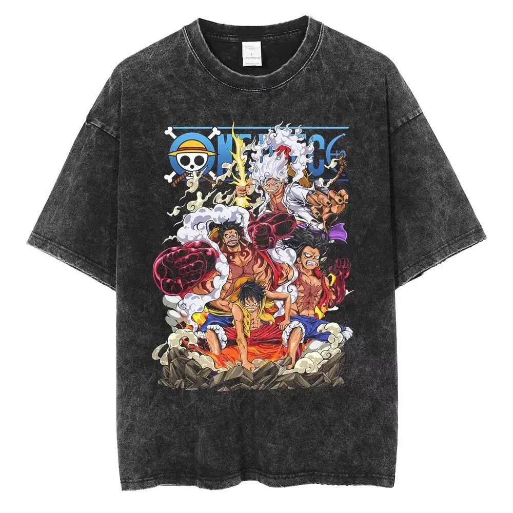 Vintage washed black One Piece graphic cotton T-shirt - Luffy Gear 5 Evolution artwork, front flat mockup