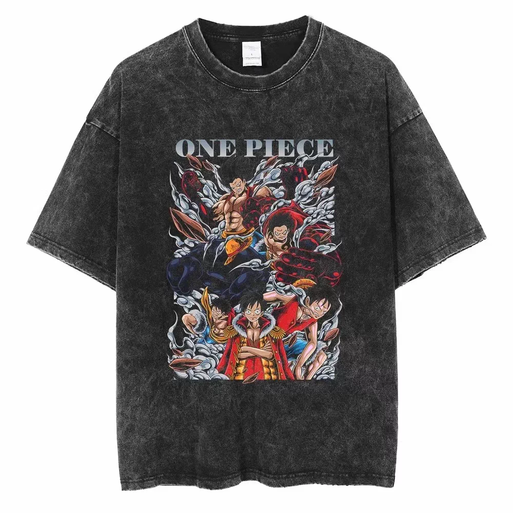 Vintage washed black One Piece graphic cotton T-shirt - Luffy Haki Evolution artwork, front flat mockup