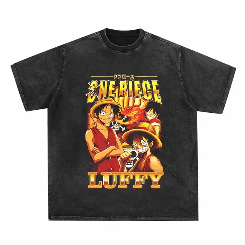 Vintage washed black One Piece graphic cotton T-shirt - Luffy Retro Poster artwork, front flat mockup