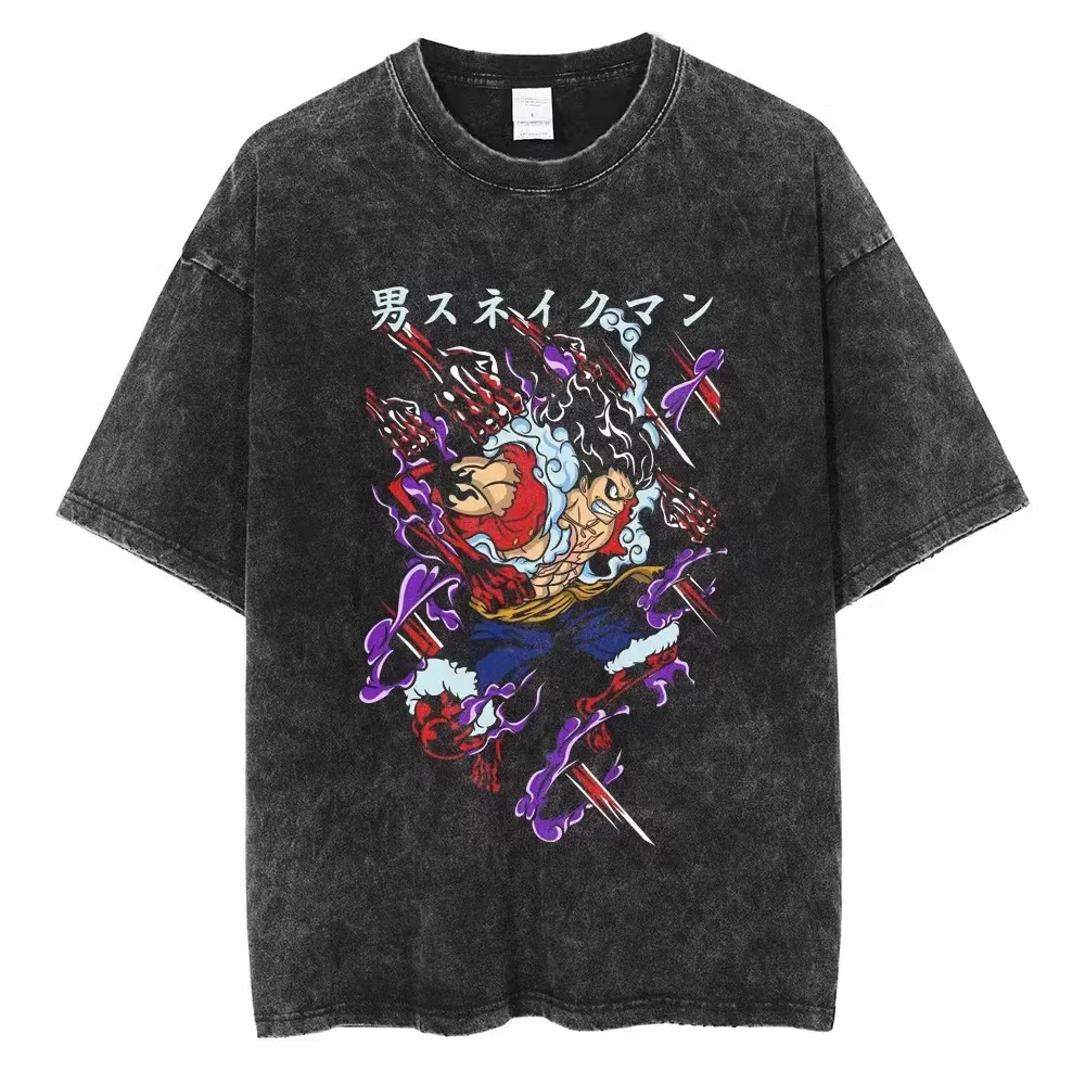 Vintage washed black One Piece graphic cotton T-shirt - Luffy Sun God Nika artwork, front flat mockup