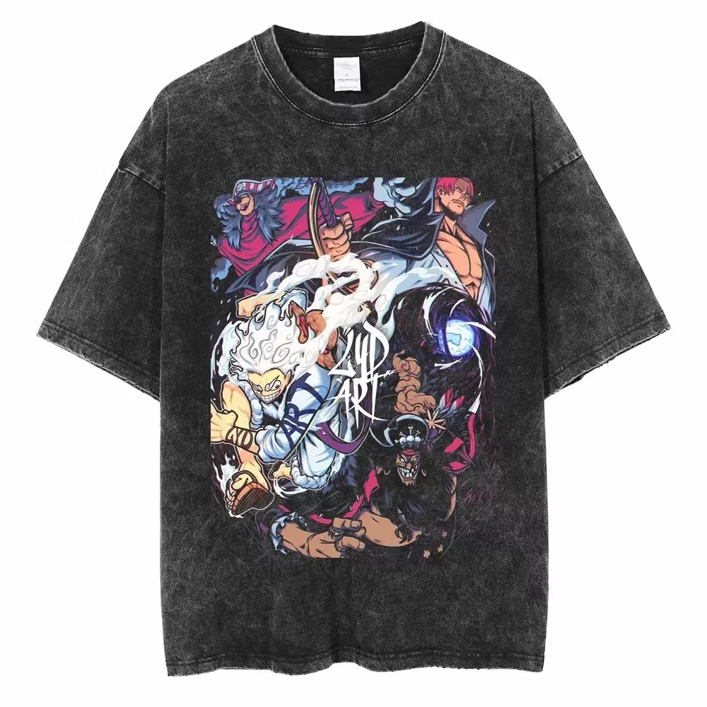 Vintage washed black One Piece graphic cotton T-shirt - Luffy vs Yonko Battle artwork, front flat mockup