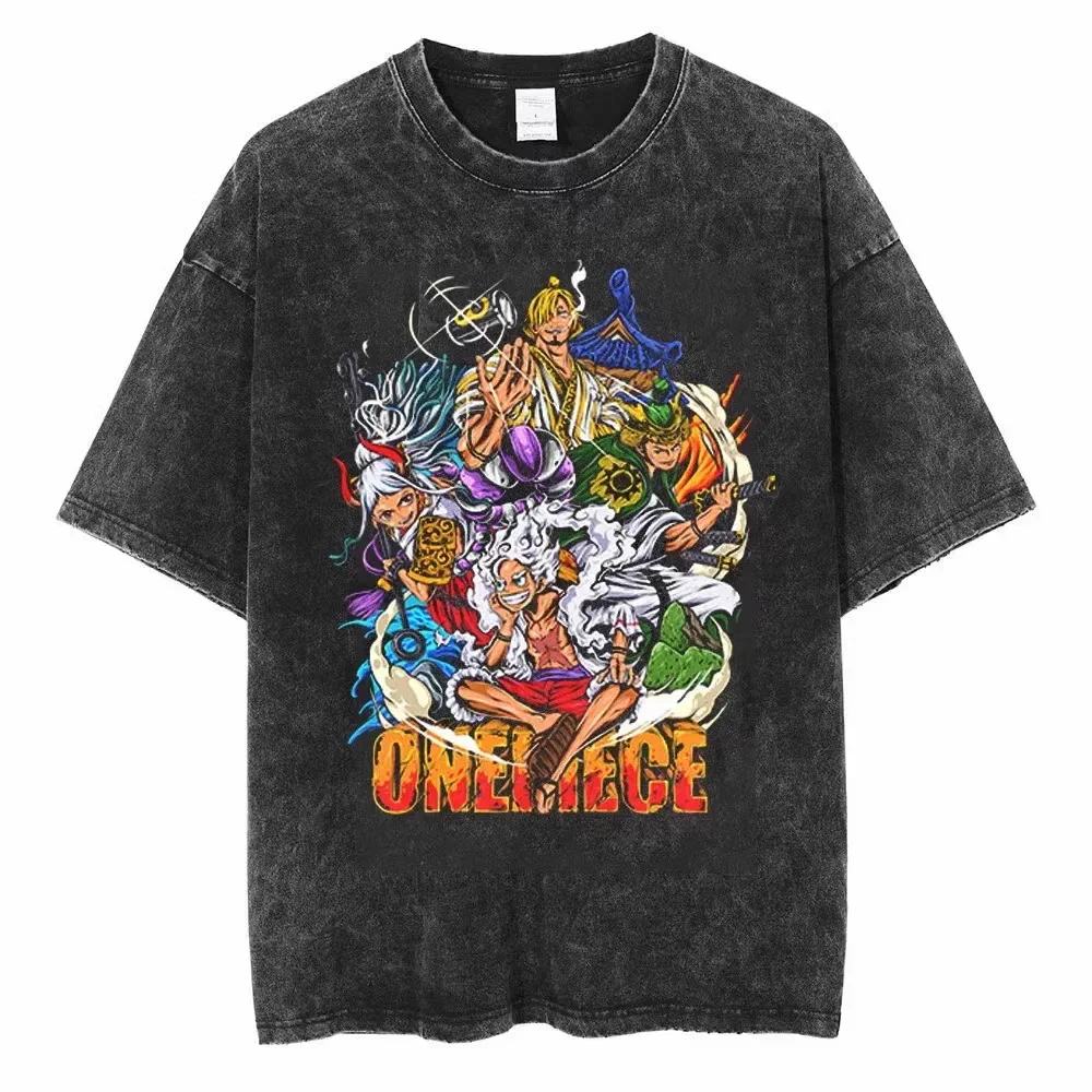 Vintage washed black One Piece graphic cotton T-shirt - One Piece Crew Saga artwork, front flat mockup