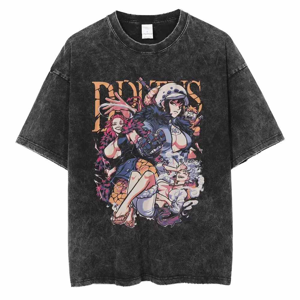 Vintage washed black One Piece graphic cotton T-shirt - One Piece Heroines artwork, front flat mockup