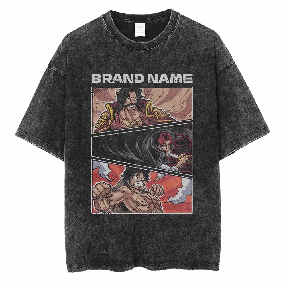 Vintage washed black One Piece graphic cotton T-shirt - Pirate Legacy Panels artwork, front flat mockup