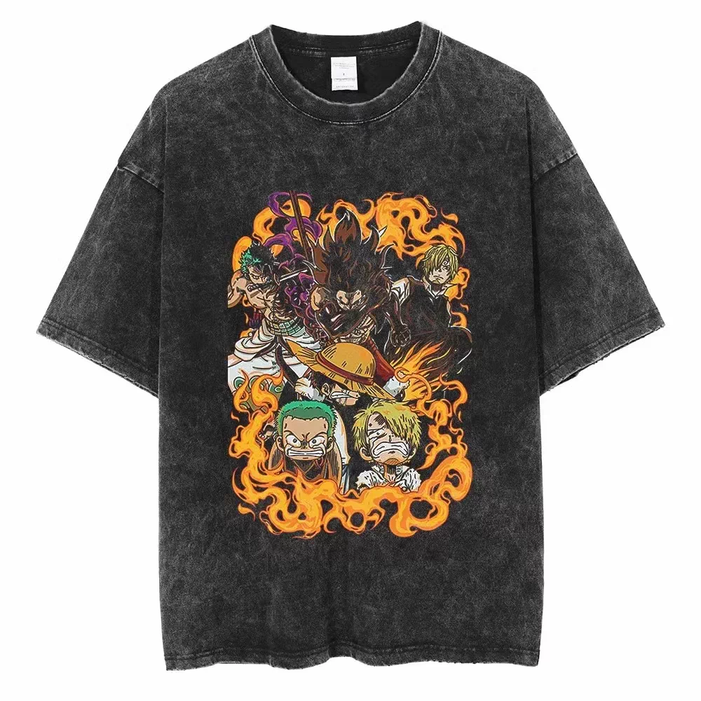 Vintage washed black One Piece graphic cotton T-shirt - Straw Hat Crew Flame Collage artwork, front flat mockup