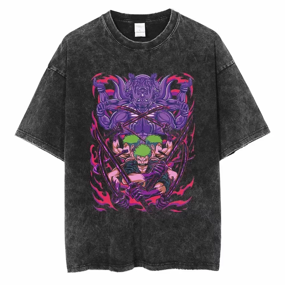 Vintage washed black One Piece graphic cotton T-shirt - Zoro Ashura Purple artwork, front flat mockup
