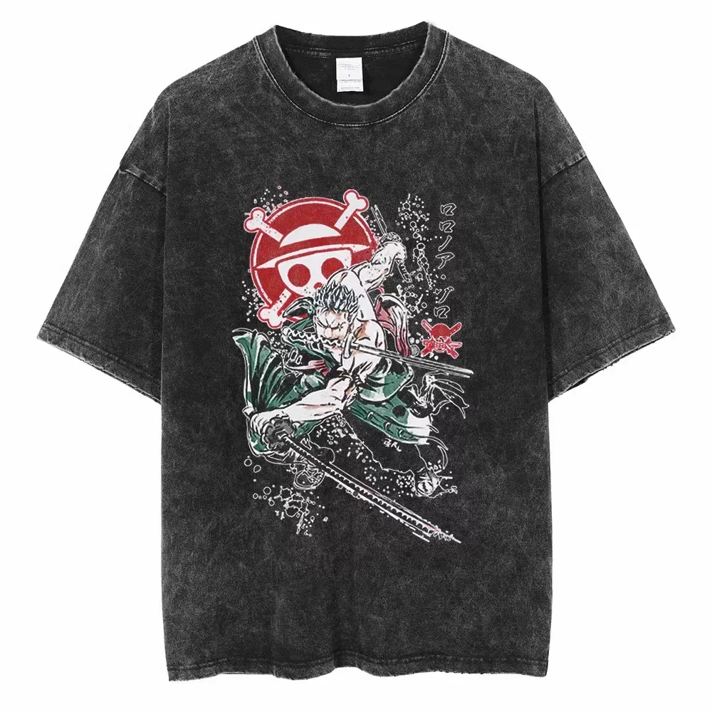 Vintage washed black One Piece graphic cotton T-shirt - Zoro Crimson Crest artwork, front flat mockup