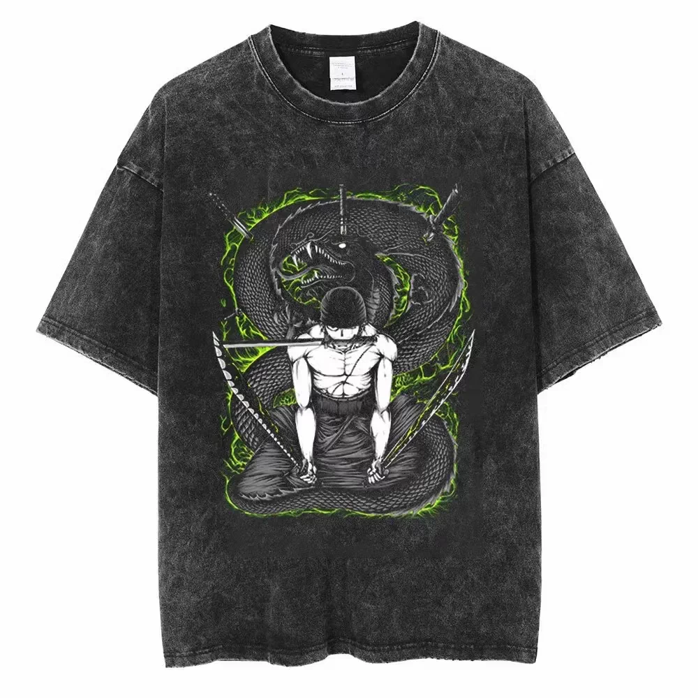 Vintage washed black One Piece graphic cotton T-shirt - Zoro Serpent Green Aura artwork, front flat mockup