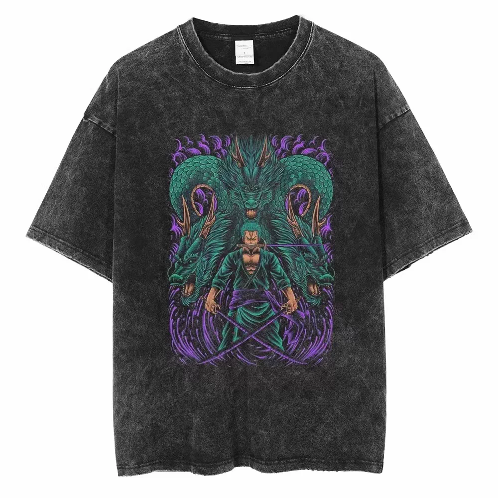Vintage washed black One Piece graphic cotton T-shirt - Zoro Three Dragon Heads artwork, front flat mockup