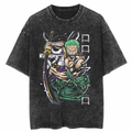Vintage washed black One Piece graphic cotton T-shirt - Zoro Three Sword Clash artwork, front flat mockup