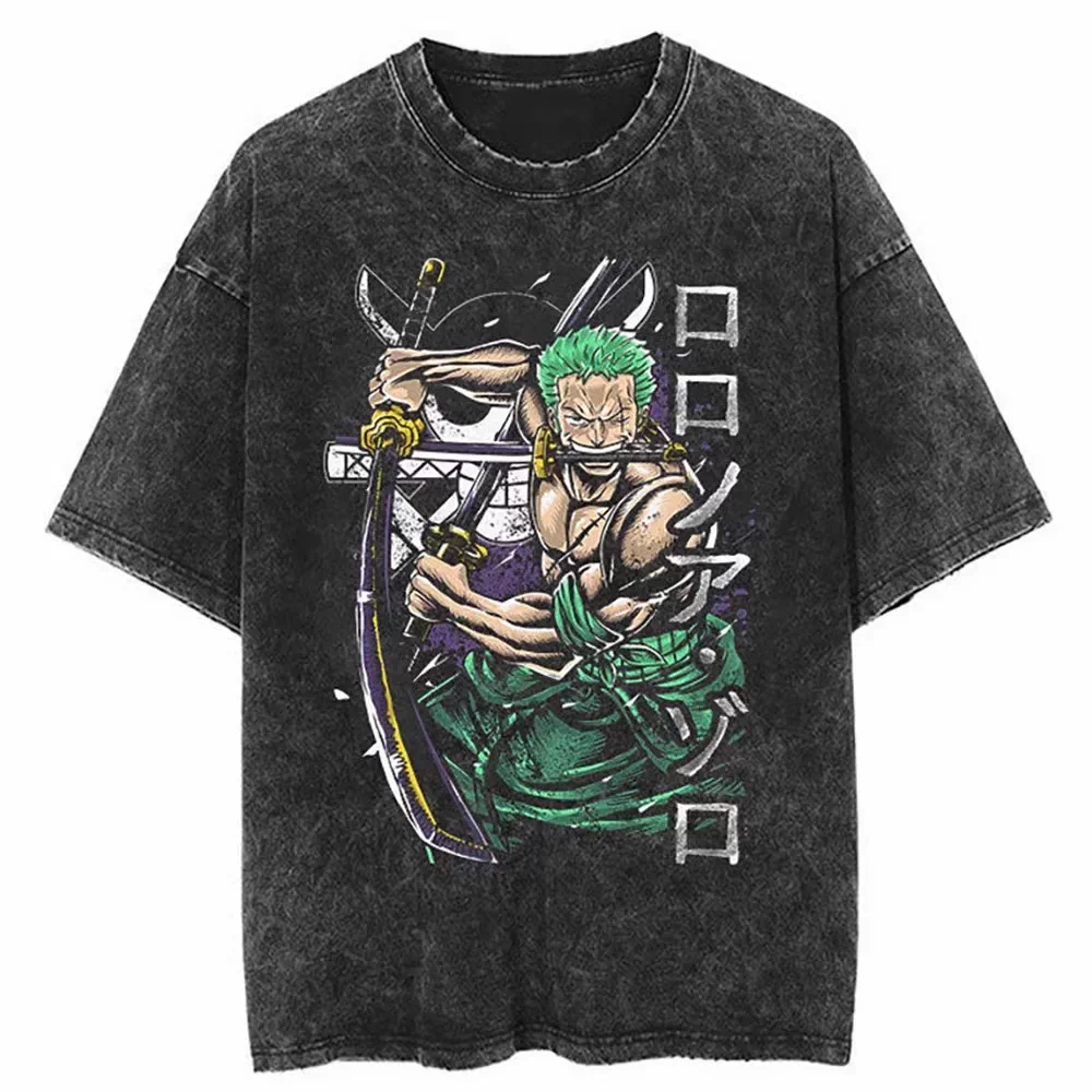 Vintage washed black One Piece graphic cotton T-shirt - Zoro Three Sword Clash artwork, front flat mockup