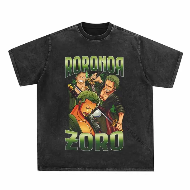 Vintage washed black One Piece graphic cotton T-shirt - Zoro Triple Portrait artwork, front flat mockup