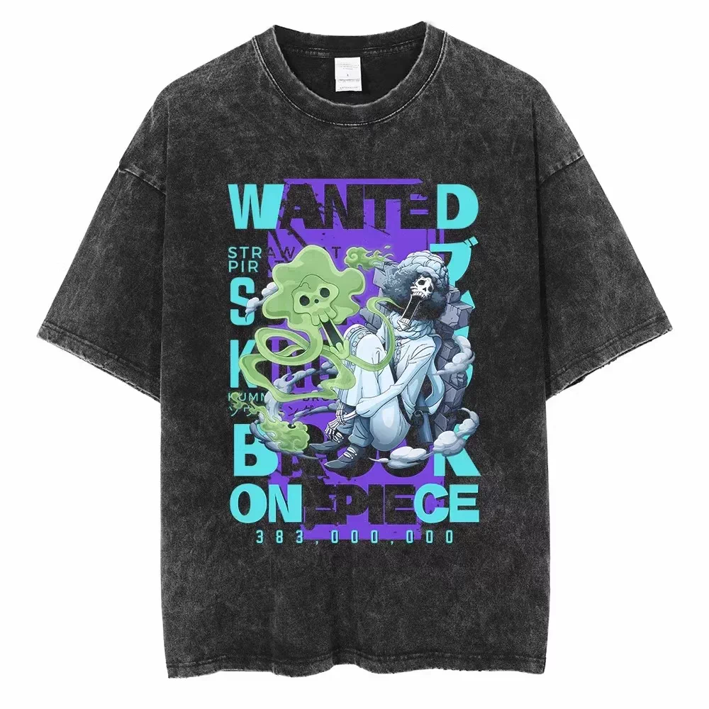 Vintage washed black One Piece graphic T-shirt - Brook Wanted Cyan design on front, plain white product background