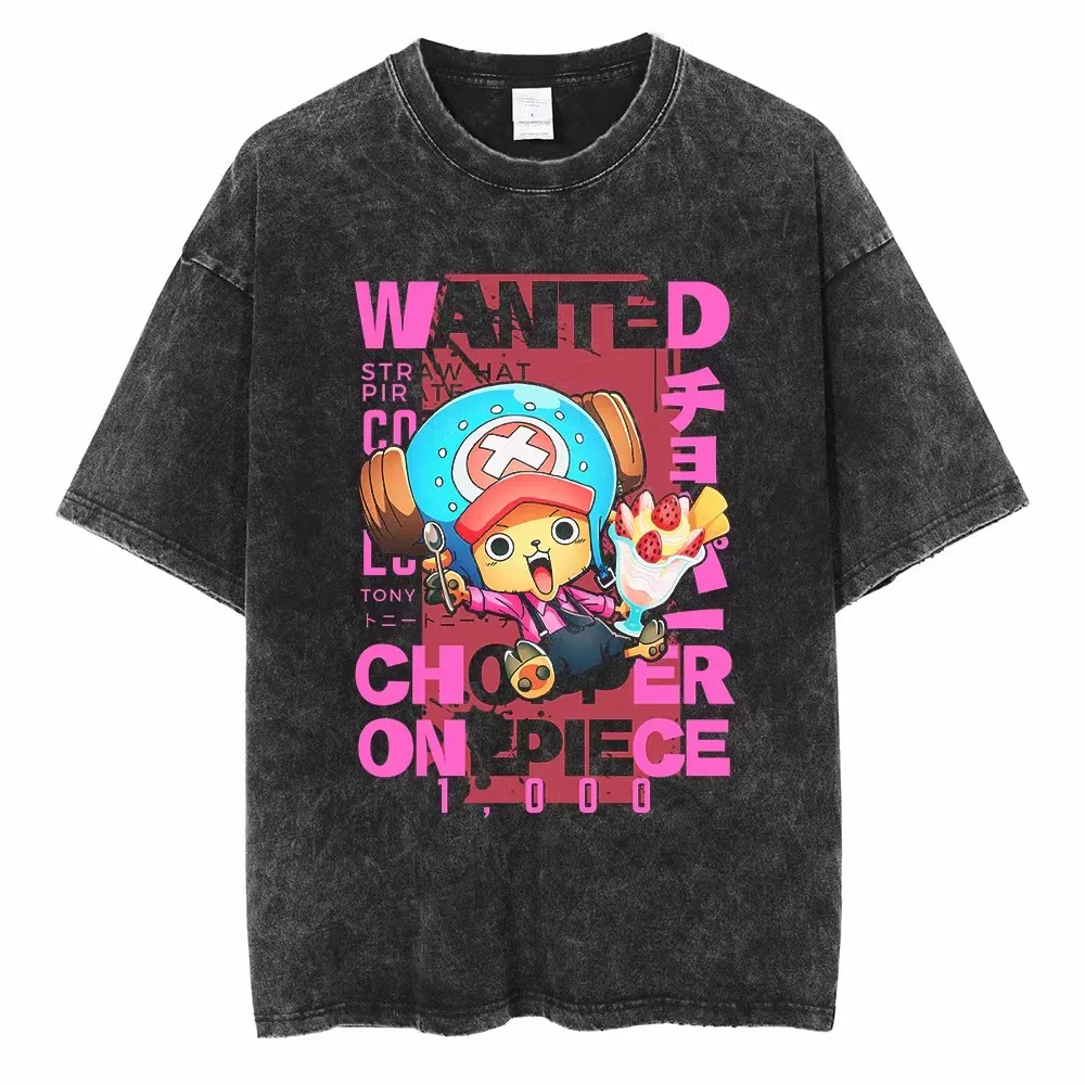 Vintage washed black One Piece graphic T-shirt - Chopper Wanted Pink design on front, plain white product background