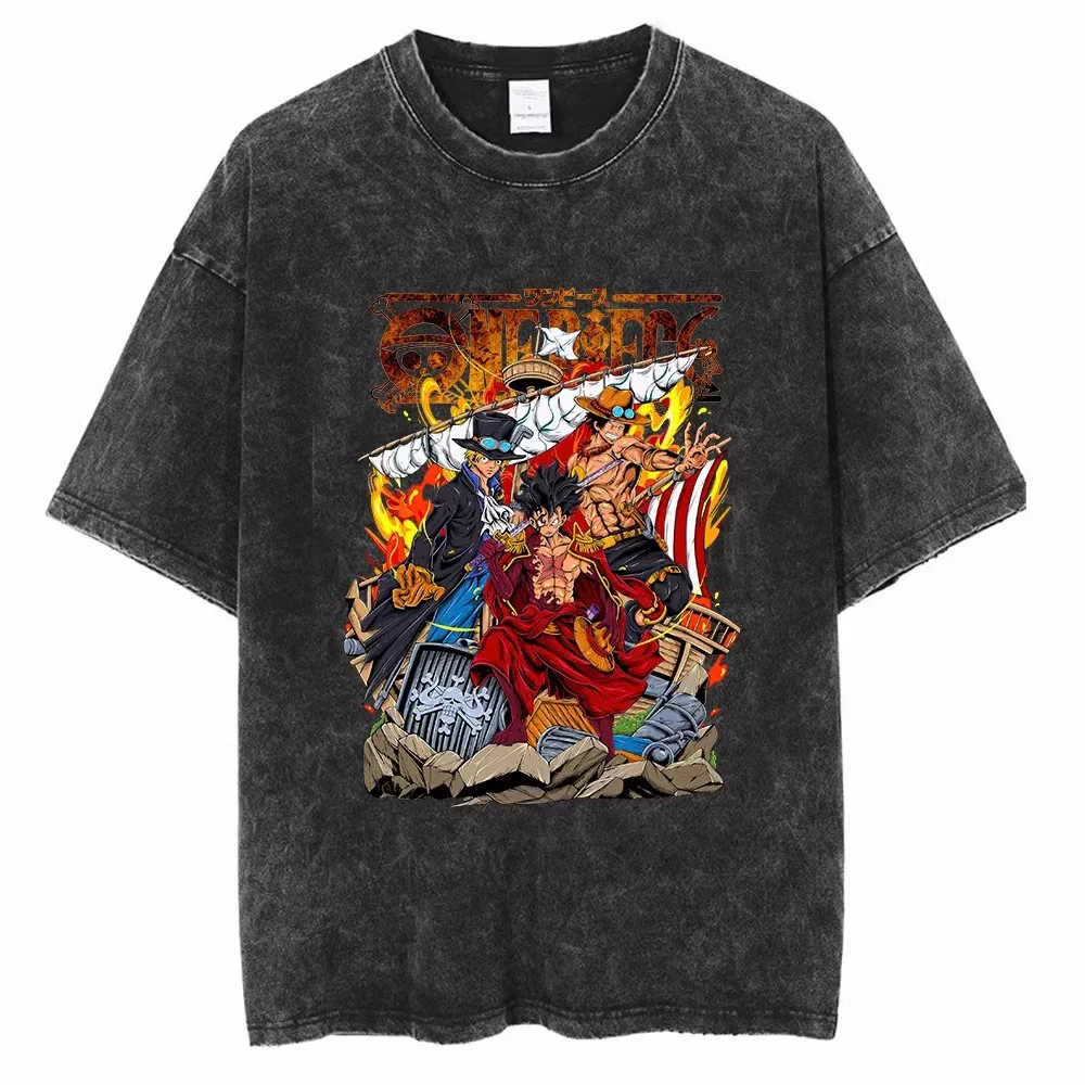 Vintage washed black One Piece graphic T-shirt - Luffy Ace and Sabo Brothers design on front, plain white product background