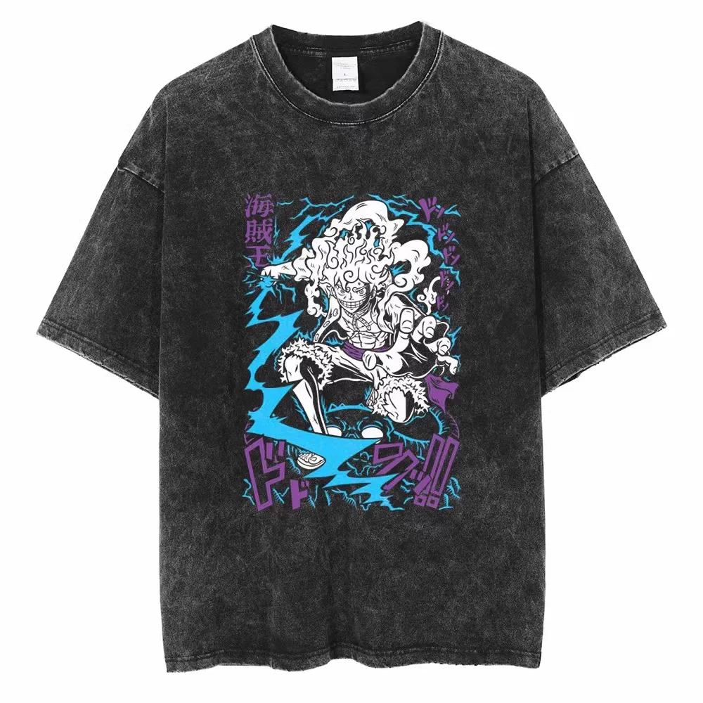 Vintage washed black One Piece graphic T-shirt - Luffy Gear 5 Blue Lightning design on front, plain white product background