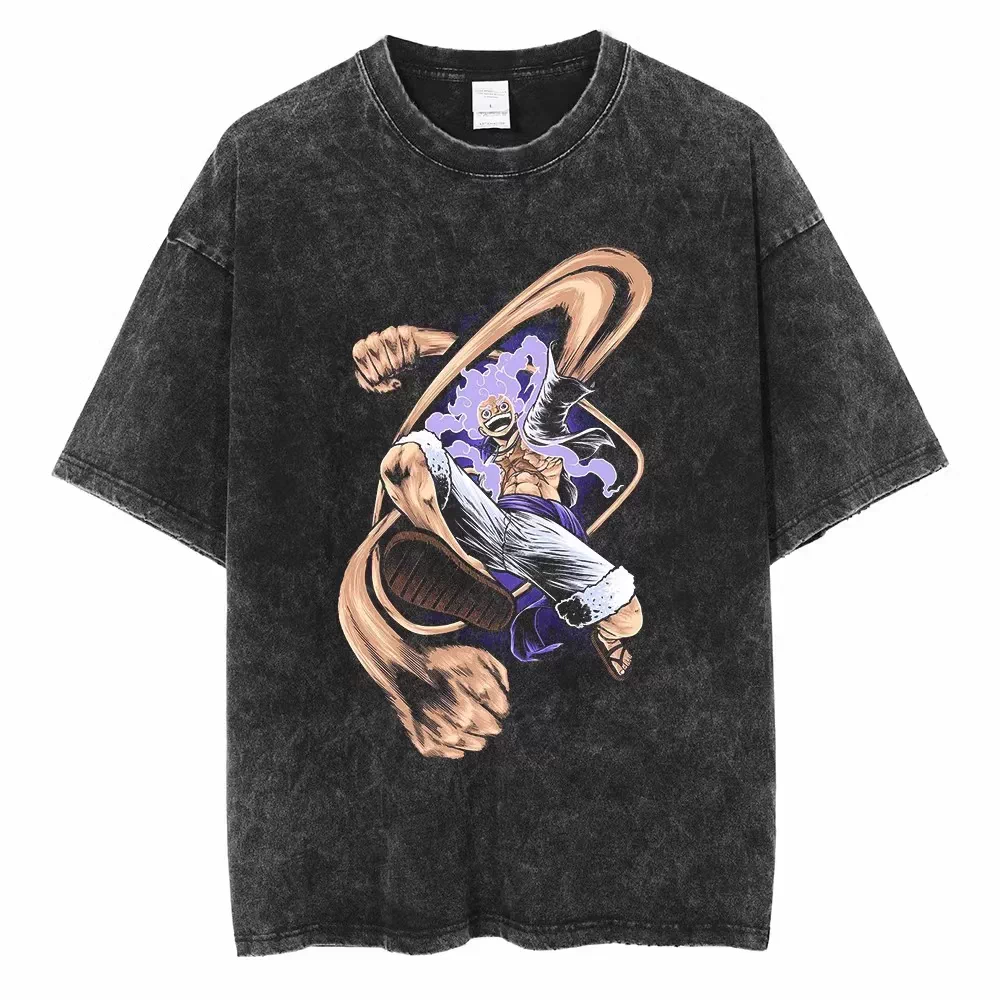 Vintage washed black One Piece graphic T-shirt - Luffy Gear 5 Dynamic Punch design on front, plain white product background