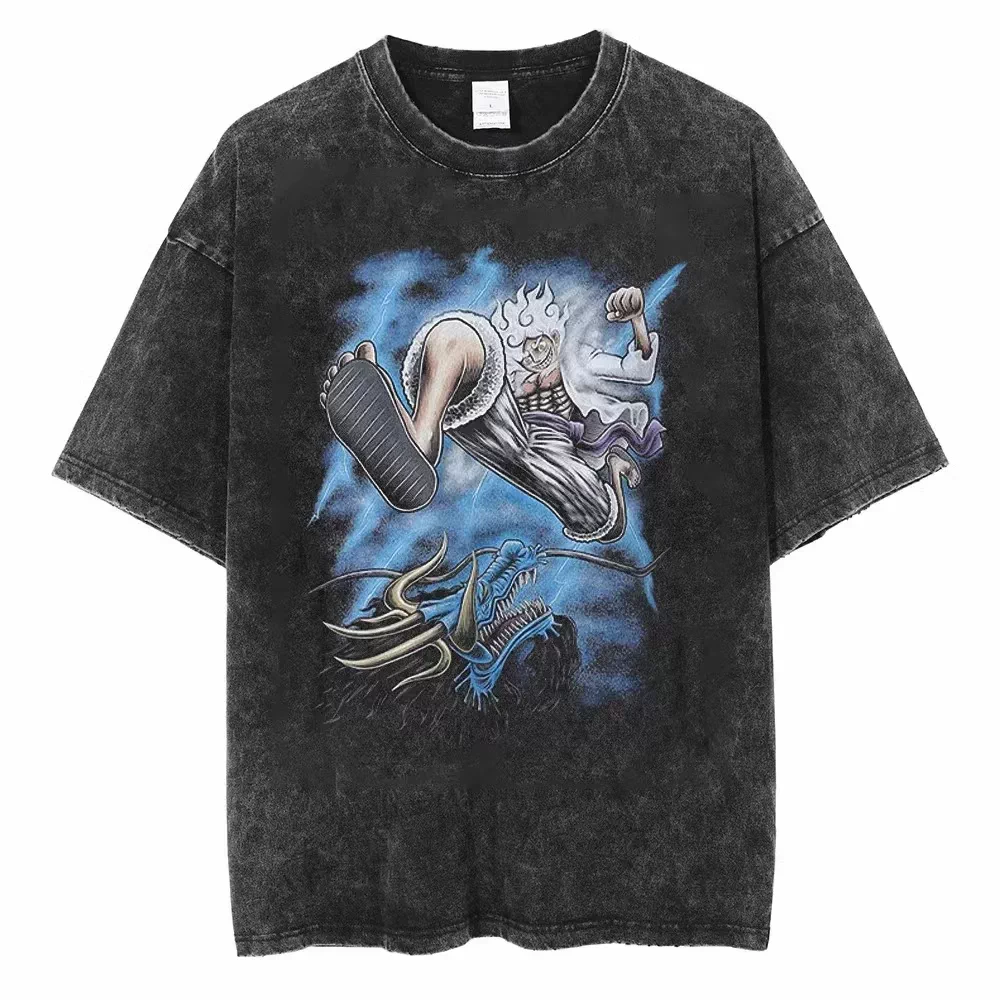 Vintage washed black One Piece graphic T-shirt - Luffy Gear 5 Versus Kaido design on front, plain white product background