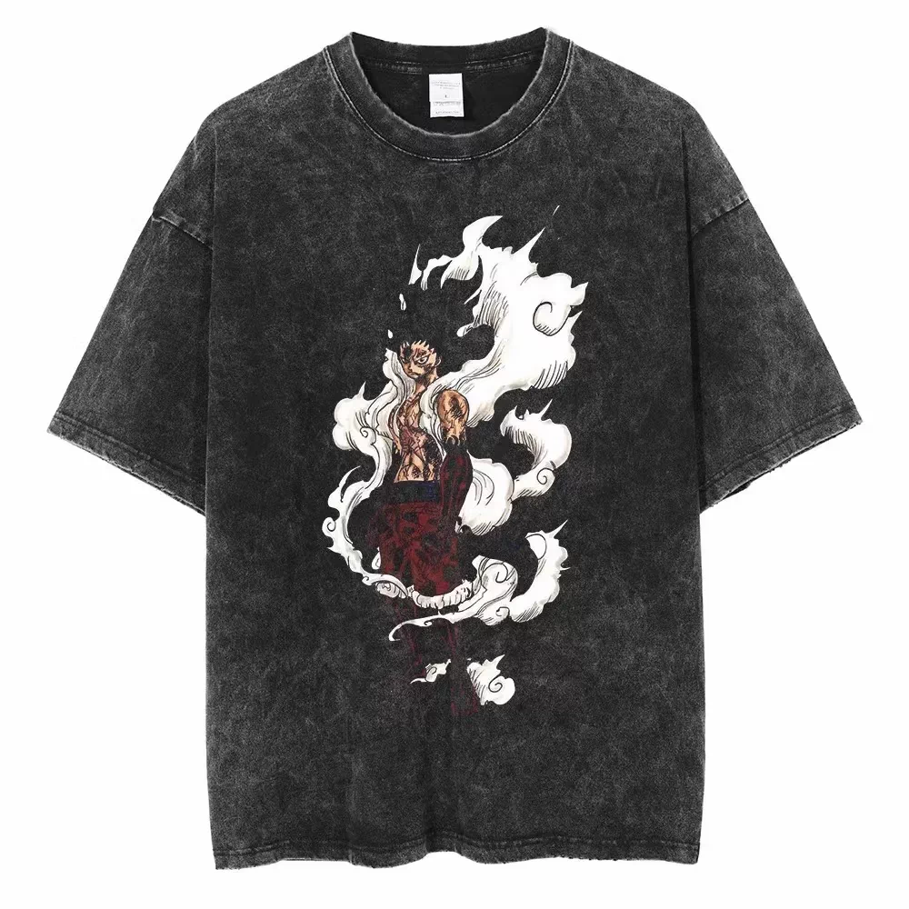 Vintage washed black One Piece graphic T-shirt - Luffy White Flame Haki design on front, plain white product background