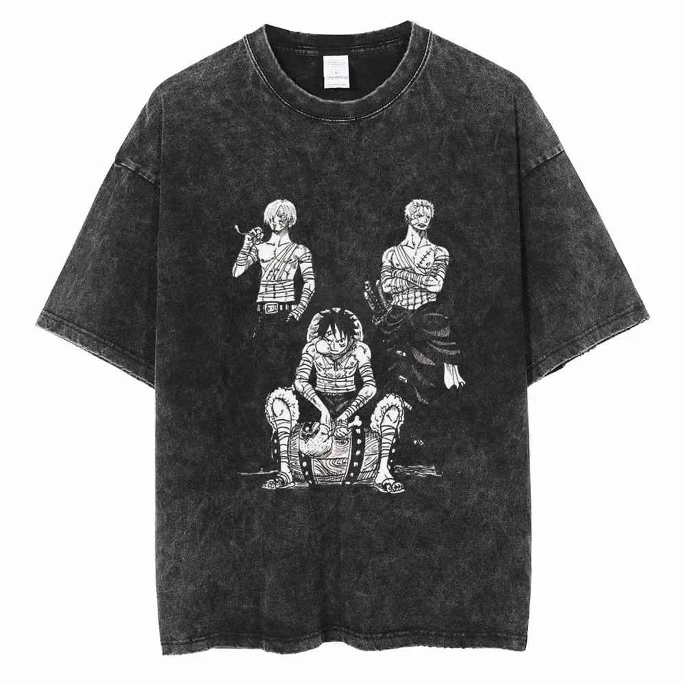 Vintage washed black One Piece graphic T-shirt - Luffy Zoro Sanji Manga Trio design on front, plain white product background