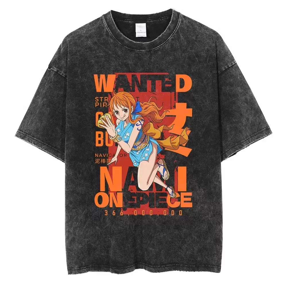 Vintage washed black One Piece graphic T-shirt - Nami Wanted Orange design on front, plain white product background