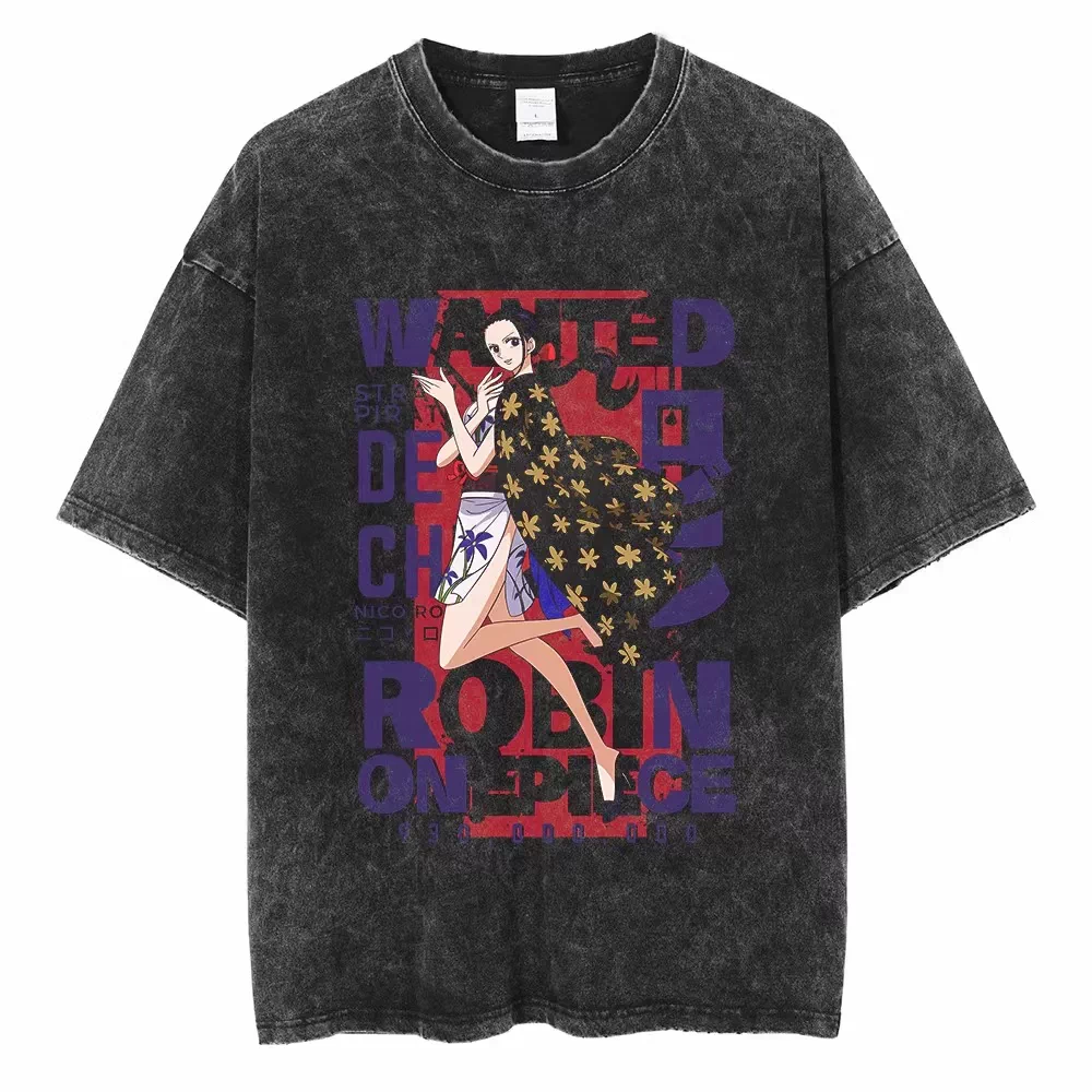 Vintage washed black One Piece graphic T-shirt - Nico Robin Wanted Floral design on front, plain white product background