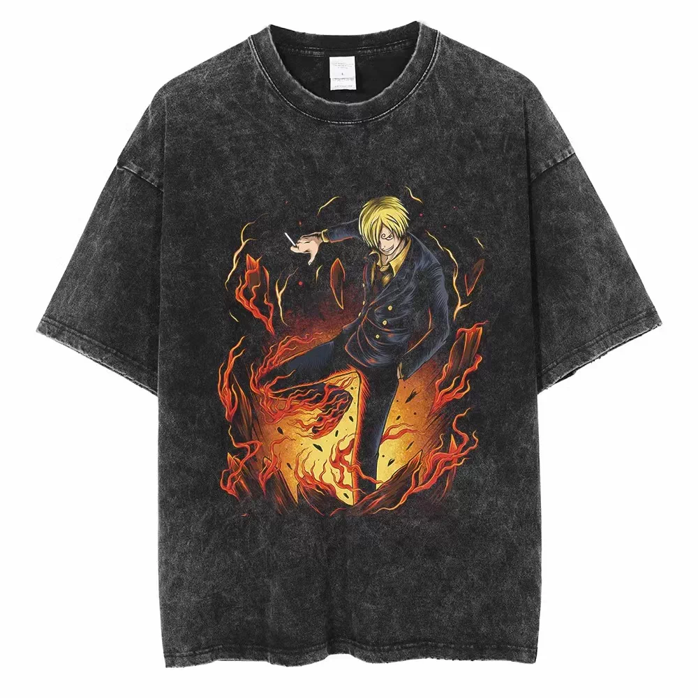 Vintage washed black One Piece graphic T-shirt - Sanji Flame Kick design on front, plain white product background