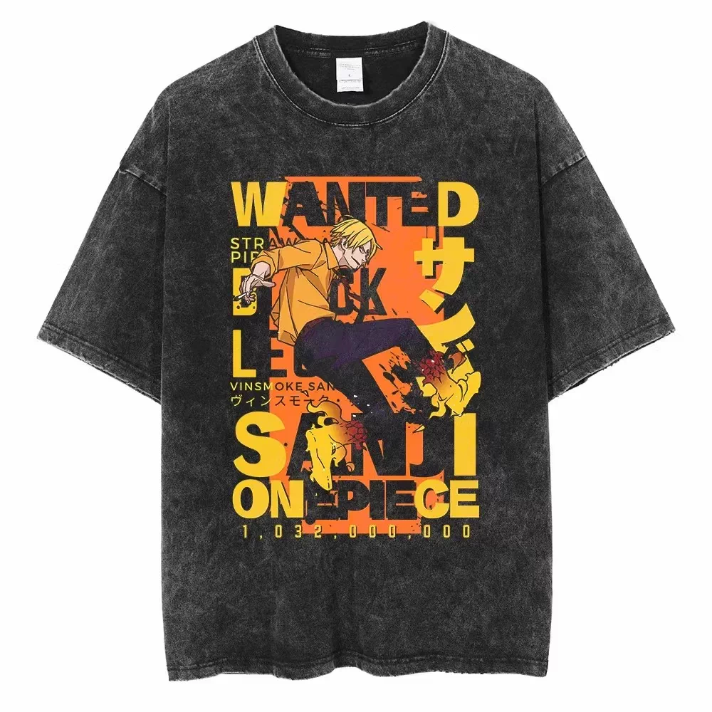 Vintage washed black One Piece graphic T-shirt - Sanji Wanted Orange design on front, plain white product background
