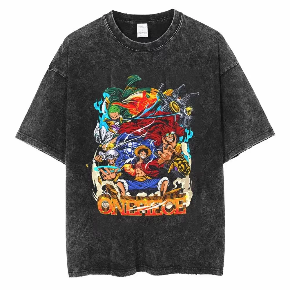 Vintage washed black One Piece graphic T-shirt - Straw Hat Crew Power Collage design on front, plain white product background