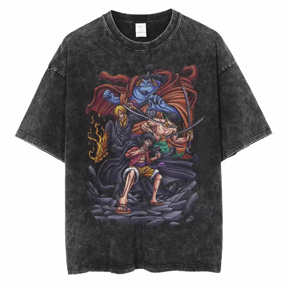 Vintage washed black One Piece graphic T-shirt - Straw Hat Crew with Jinbe design on front, plain white product background