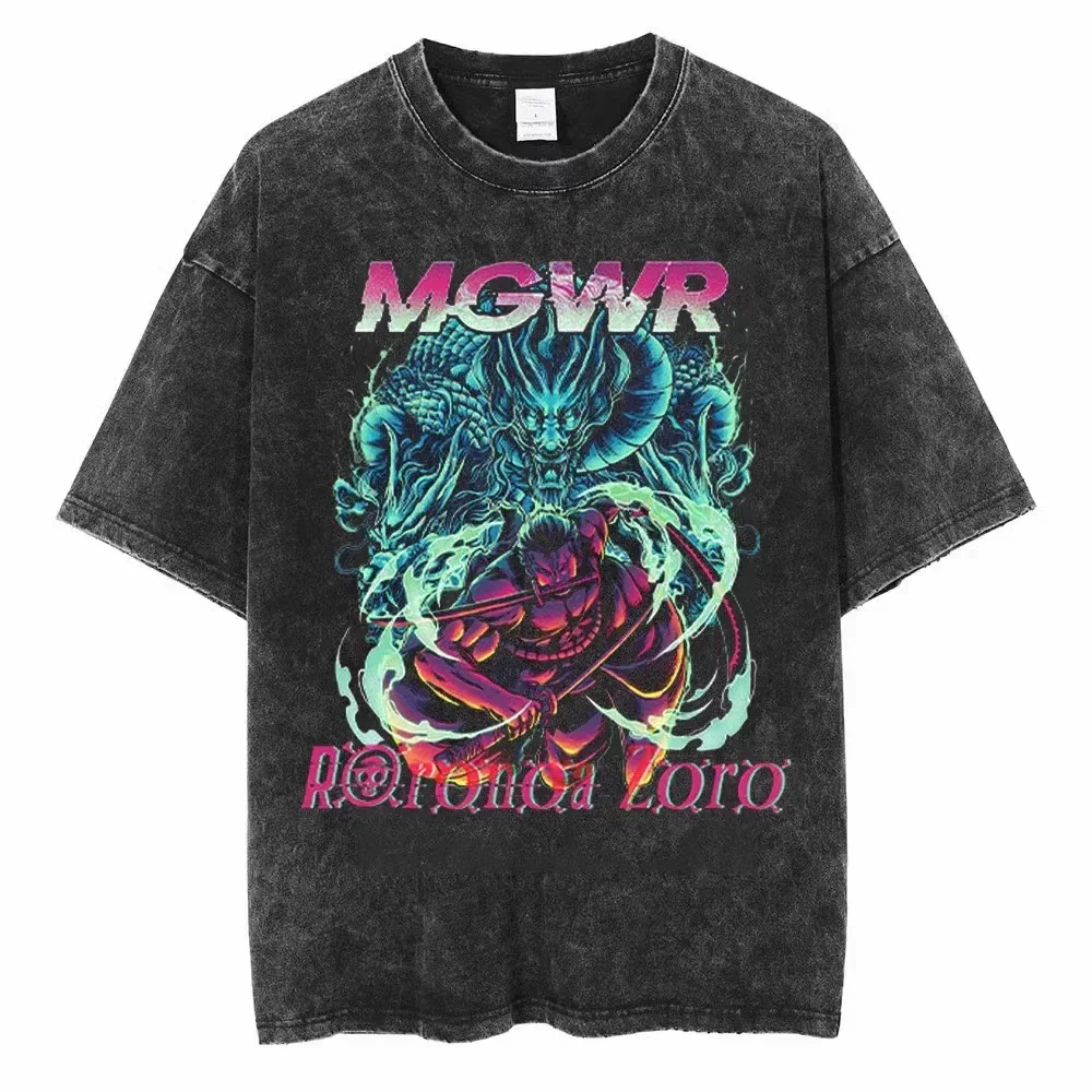Vintage washed black One Piece graphic T-shirt - Zoro Dragon Neon design on front, plain white product background