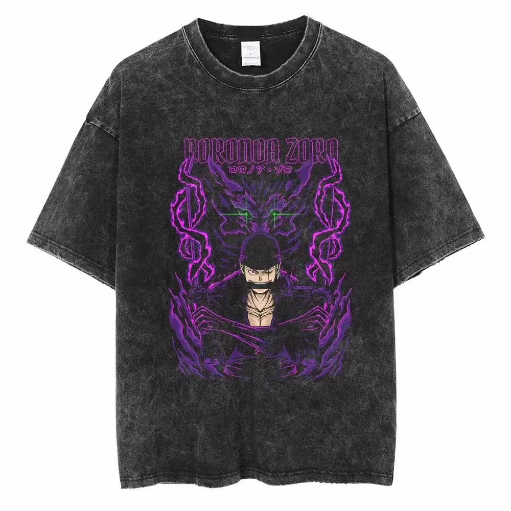 Vintage washed black One Piece graphic T-shirt - Zoro Purple Demon Aura design on front, plain white product background