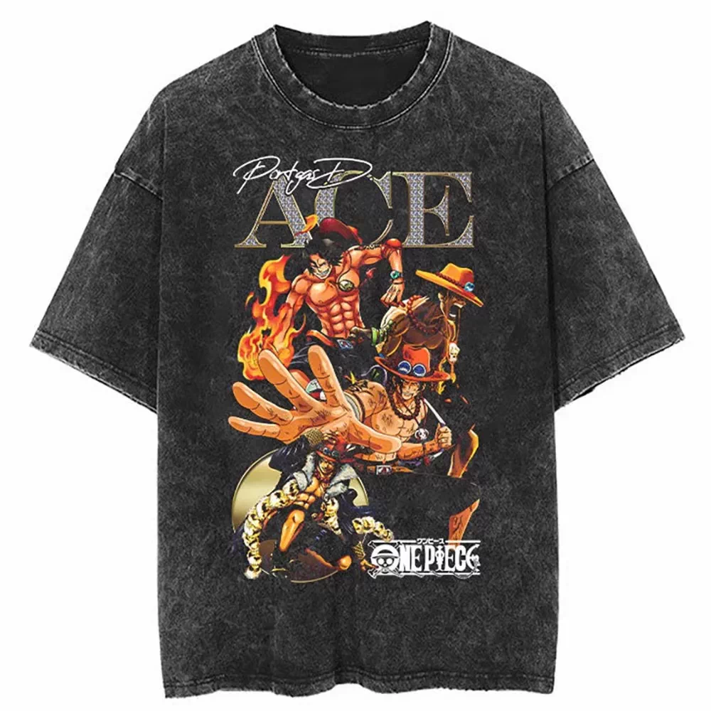 One Piece vintage washed black cotton T-shirt featuring Gol D Roger Pirate King graphic front print