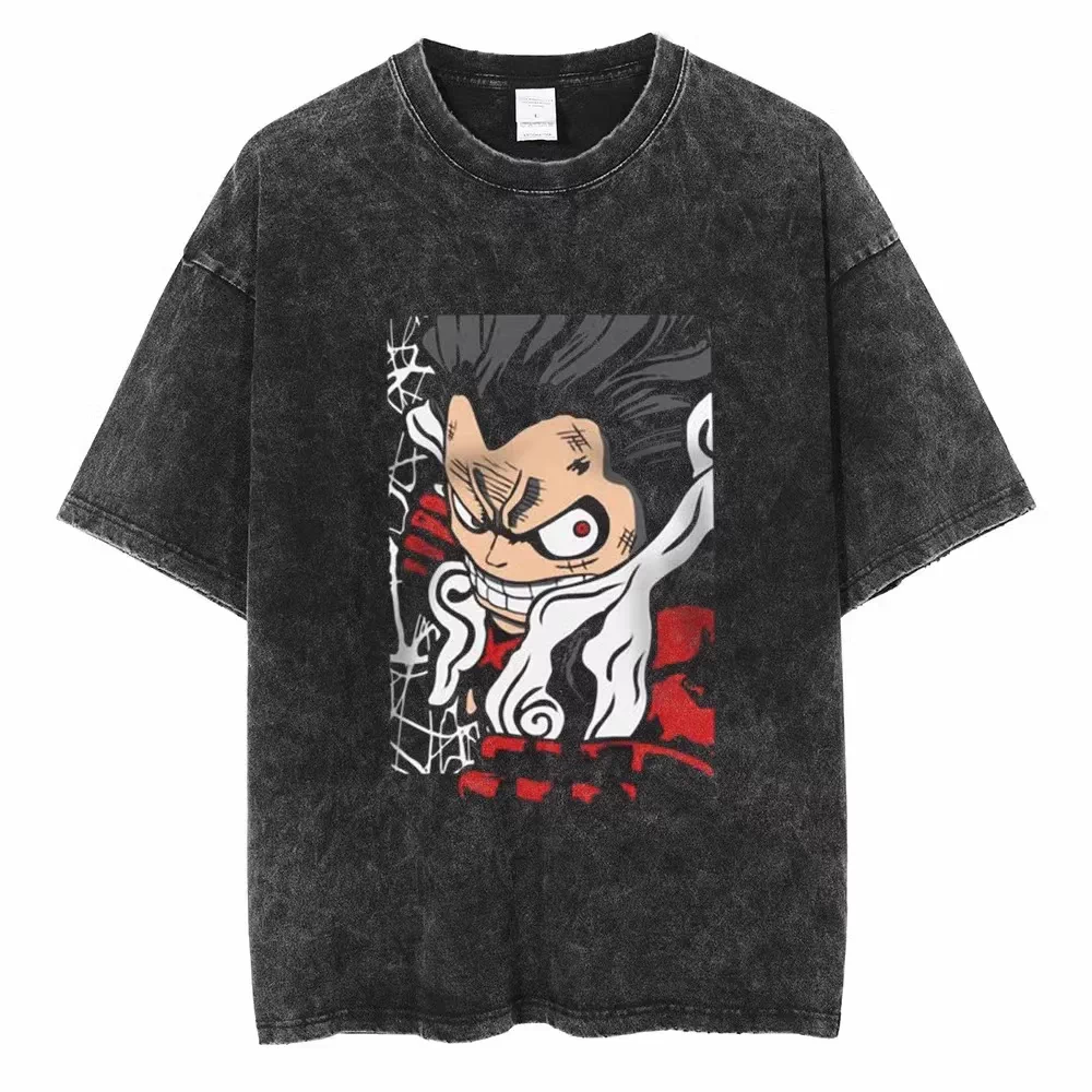 One Piece vintage washed black cotton T-shirt featuring Luffy Gear Four Red Haki graphic front print