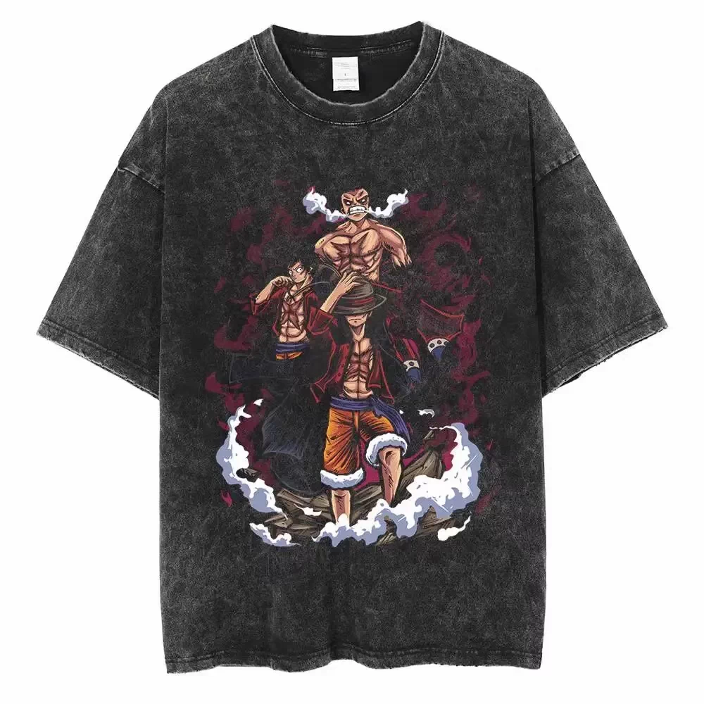 One Piece vintage washed black cotton T-shirt featuring Luffy Legacy Whitebeard Tribute graphic front print