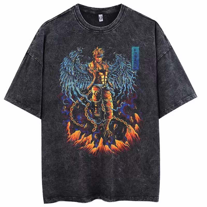 One Piece vintage washed black cotton T-shirt featuring Marco Phoenix Blue Wings graphic front print
