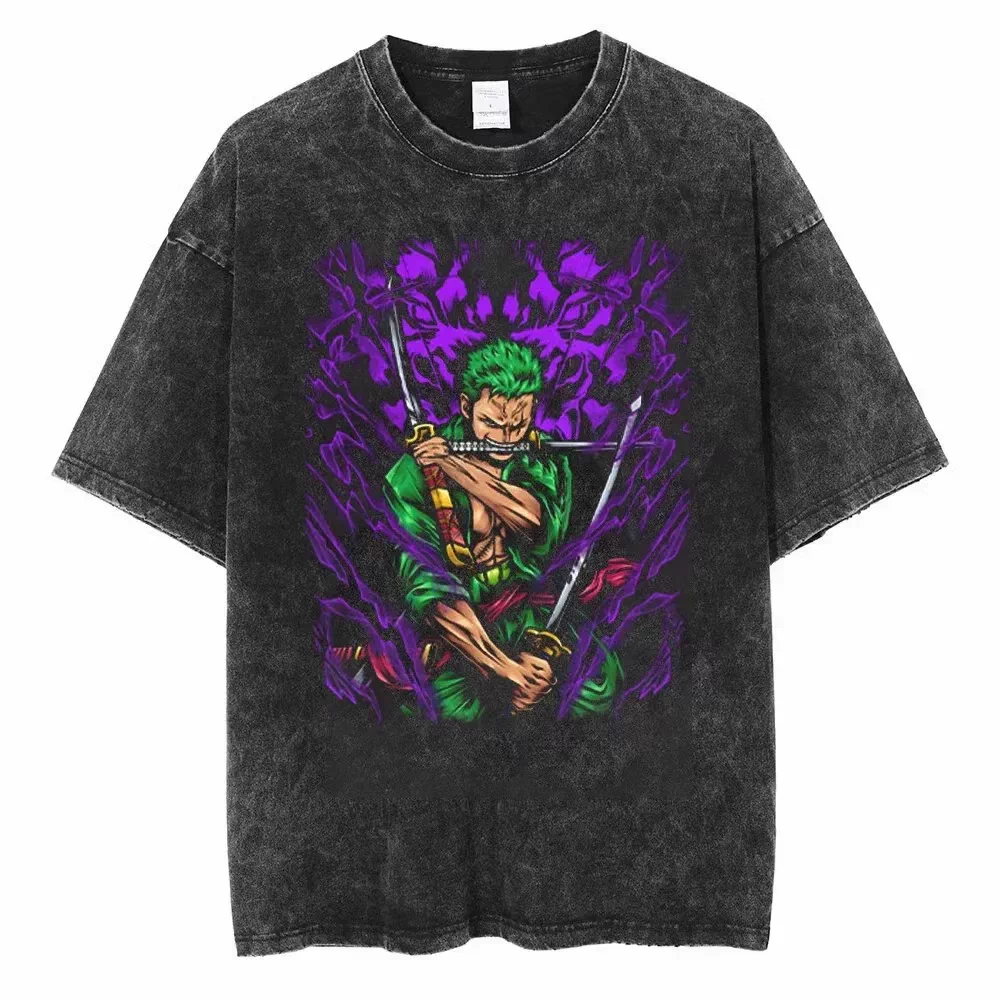 One Piece vintage washed black cotton T-shirt featuring Monkey D Luffy Character Montage graphic front print